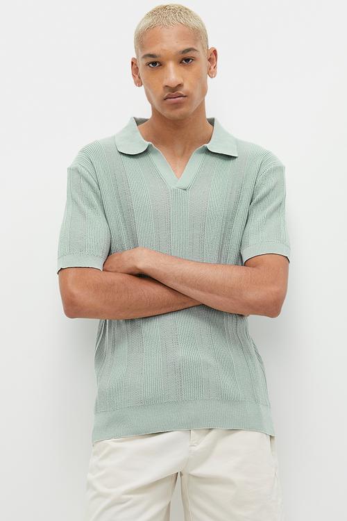 Crochet knit notch neck golfer - sage