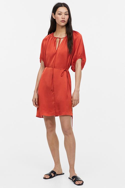Tie-detail satin dress - red-orange