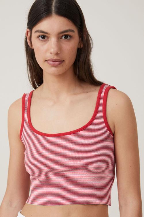 The one organic rib crop tank - mini stripe summer red & white