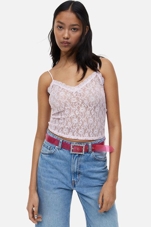 Sheer lace strappy top - pink