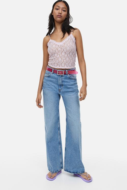 Sheer lace strappy top - pink