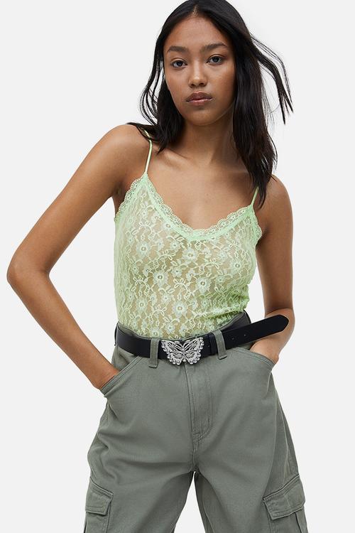 Sheer lace strappy top - green