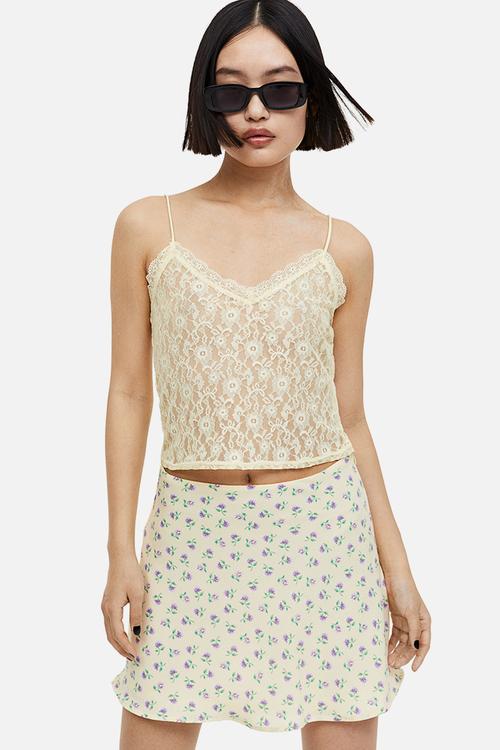 Sheer lace strappy top - yellow