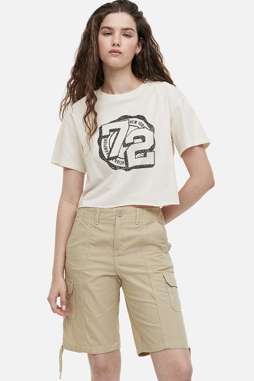 Cropped printed t-shirt - cream 
