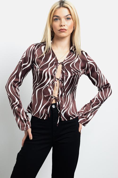 Tie Front Printed Satin Shirt - Brown and White