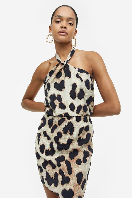 Halterneck dress - light beige leopard print