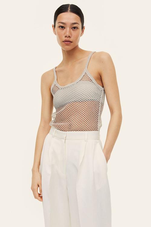 Glittery hole-knit strappy top - silver-coloured