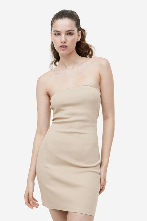 Ribbed bandeau dress - beige