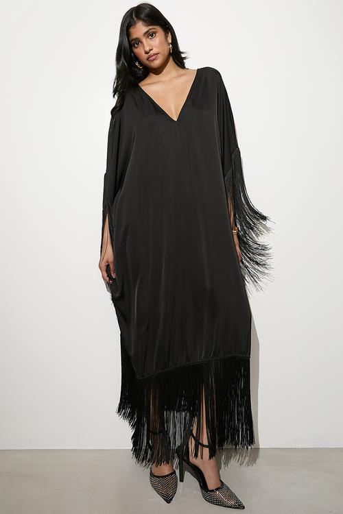 Fringe kaftan dress - black