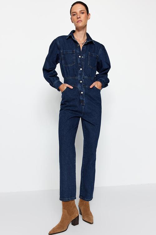 Denim overalls with balloon sleeves - navy