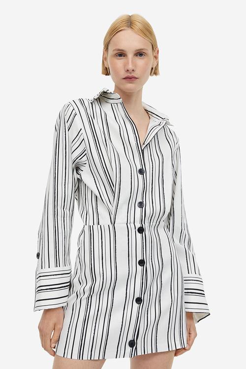 Linen-blend shirt dress -  white striped 