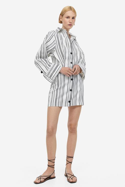 Linen-blend shirt dress -  white striped 