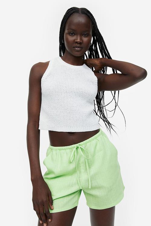 Linen-blend pull-on shorts - light green