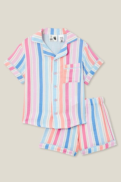 Amelia short sleeve pyjama set - pink gerbera/rainbow stripe