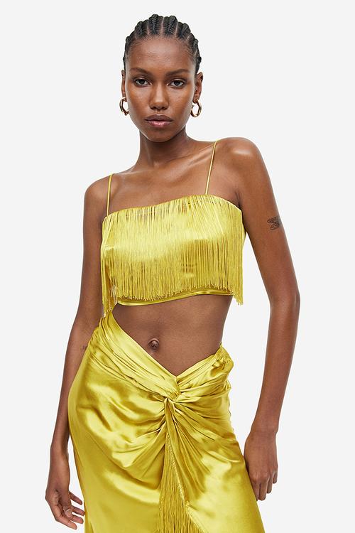 Fringed satin cropped top - yellow