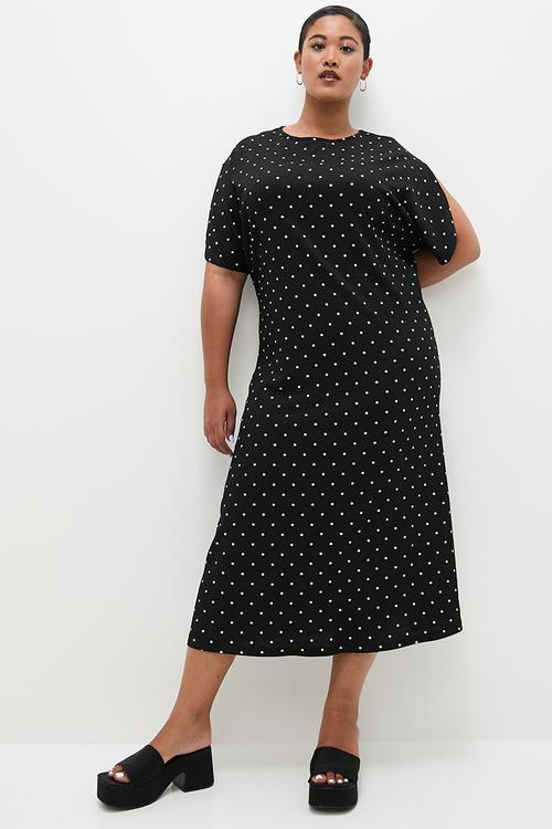 Puff sleeve texture midi dress - black & white print