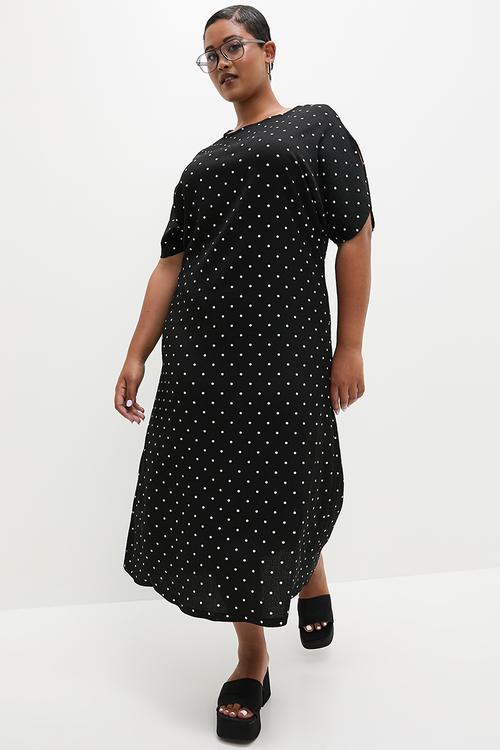 Puff sleeve texture midi dress - black & white print