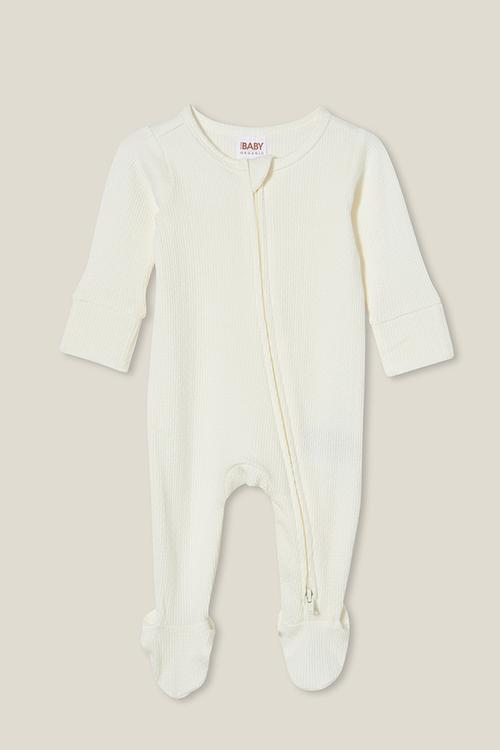 Organic newborn pointelle zip romper - milk