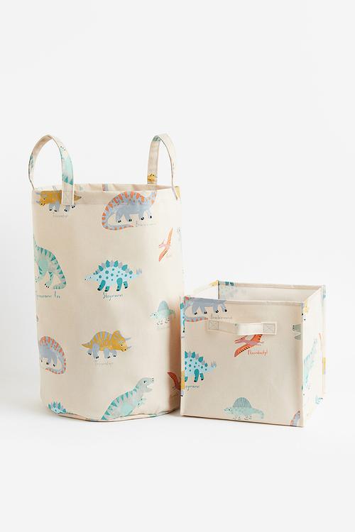 Printed storage basket - light beige/dinosaurs