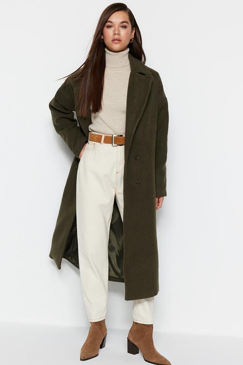 Oversize Wide Cut Long Wool Cashmere Coat - Khaki