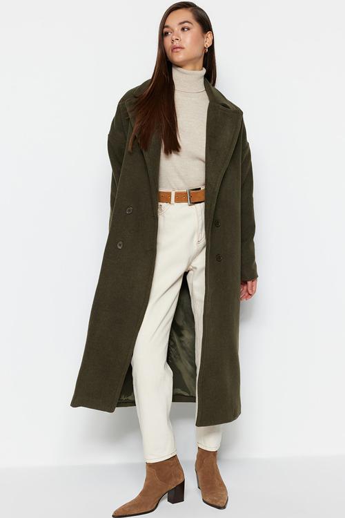 Oversize Wide Cut Long Wool Cashmere Coat - Khaki