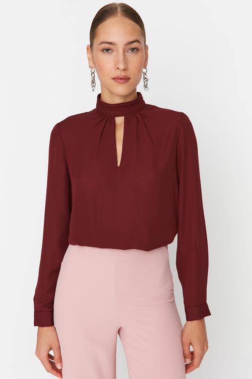 Stand Up Collar Woven Blouse - Plum