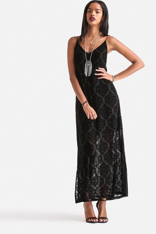 Ebony Romantic Flocking Lace Maxi Dress