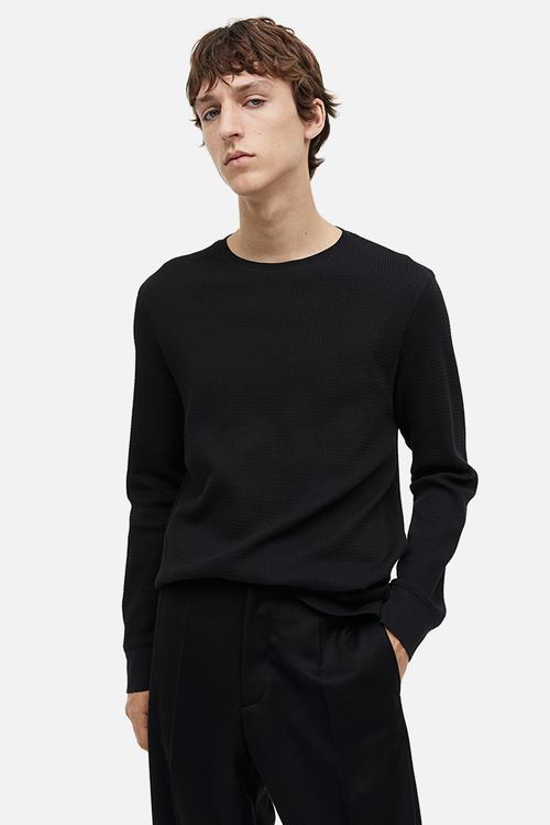 Slim fit waffled jersey top - black