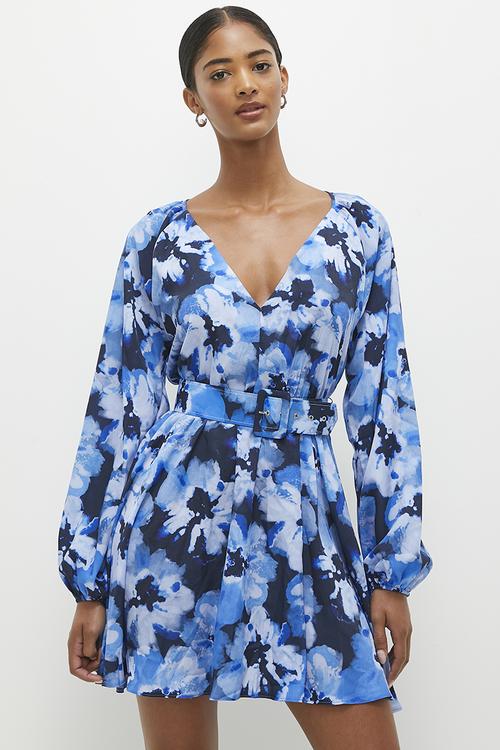 Soft waisted fit and flare mini dress - blue floral