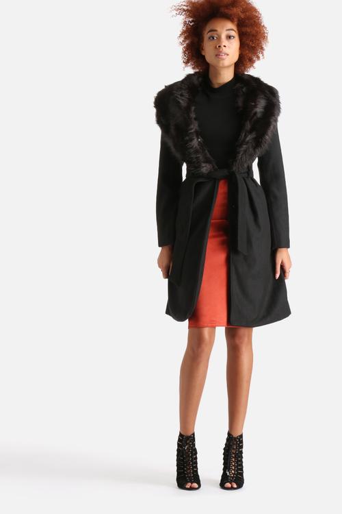 Long Tie Belt Faux Fur Collar Coat