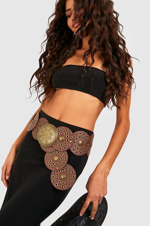 Round disc buckle belt - brown