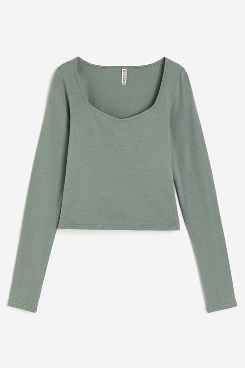 Long-sleeved jersey top - khaki green