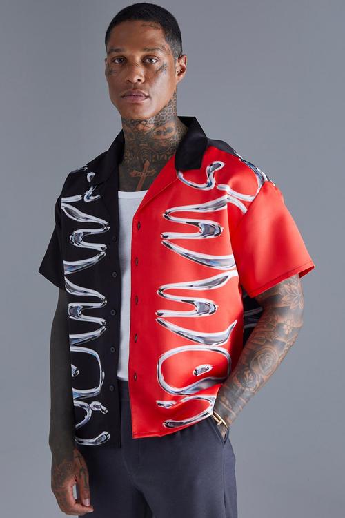 Boxy graphic satin spliced shirt - red