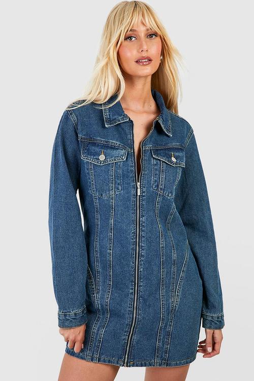 Zip through denim mini shirt dress - vintage wash