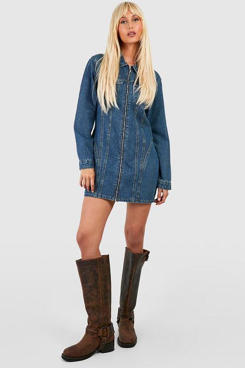 Zip through denim mini shirt dress - vintage wash