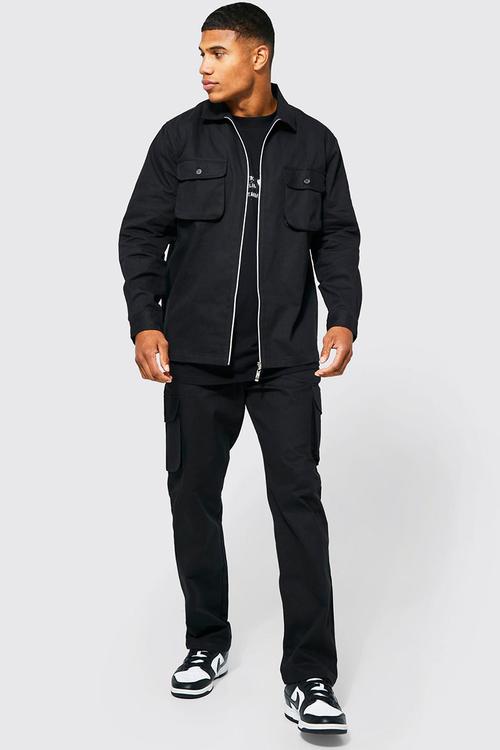 Cargo zip shirt and trouser set - black