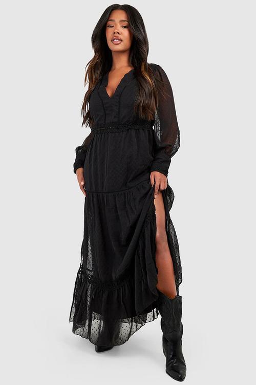 Plus dobby trim detail maxi dress - black