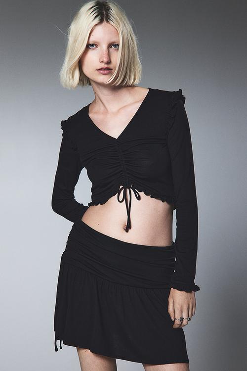 Ribbed drawstring-detail top - black