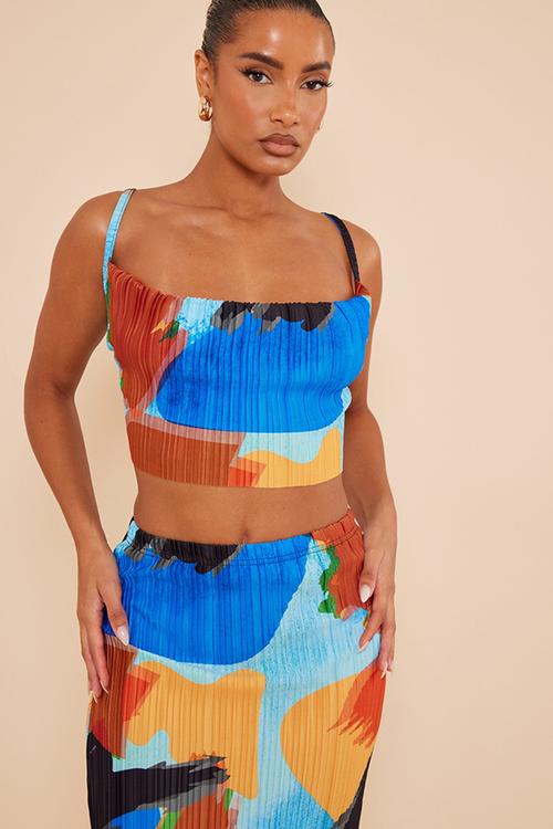 Blue abstract print plisse strappy cowl neck top - blue