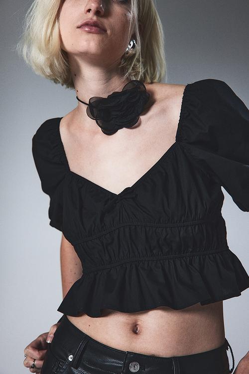 Gathered cotton blouse - black