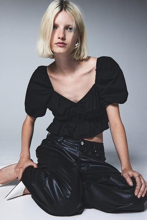 Gathered cotton blouse - black