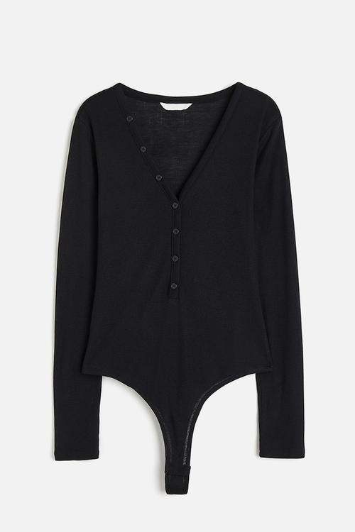 Ribbed thong body - black