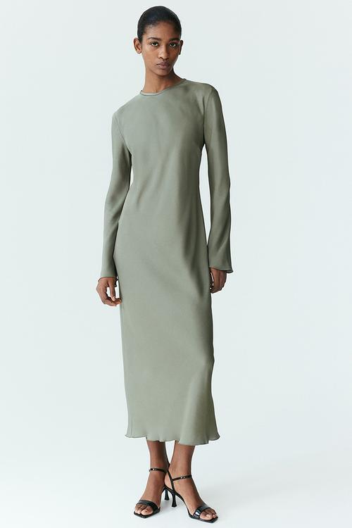 Long-sleeved midi dress - khaki green