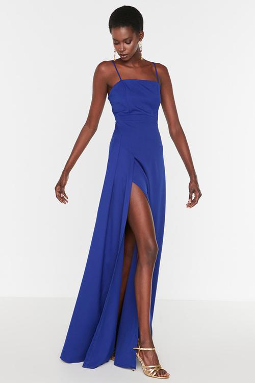Slit and decollete evening dress - sax