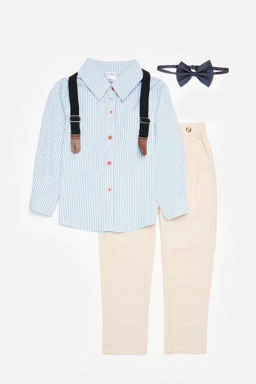 Suspender pants ,bow tie & shirt set - blue - blue & beige