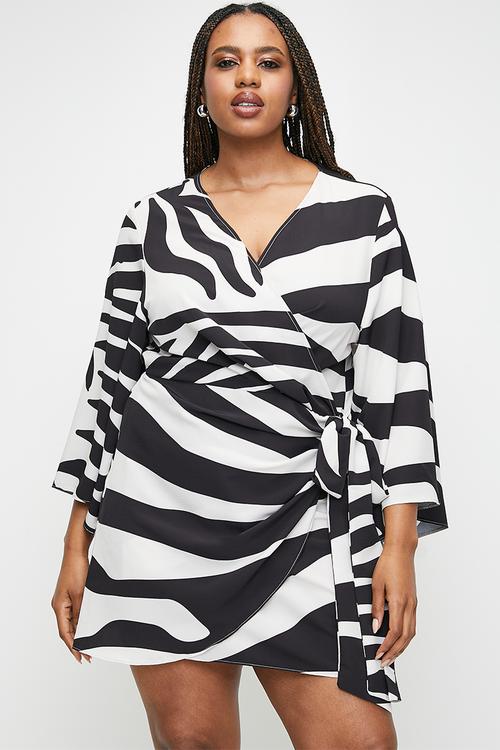 Plus exaggerated sleeve mini wrap dress - graded zebra