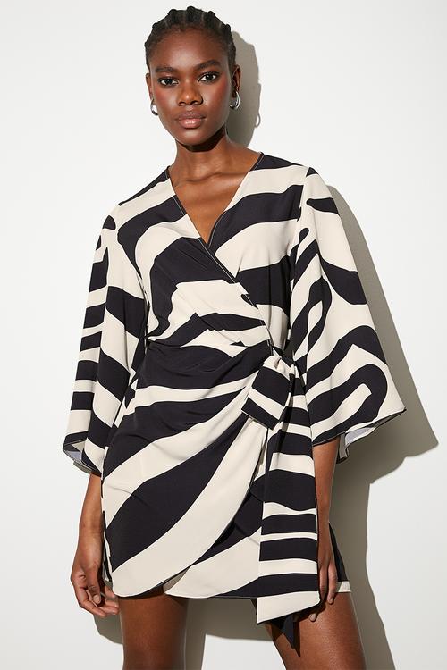 Exaggerated sleeve mini wrap dress - graded zebra