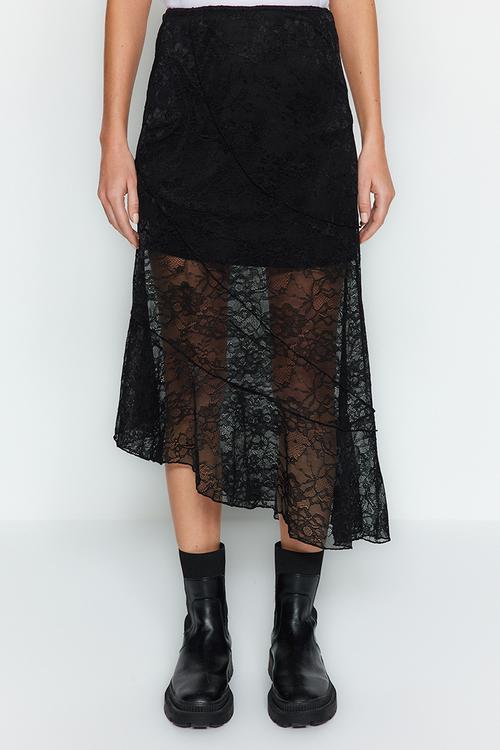 Asymmetrical Knit Lace Skirt - Black