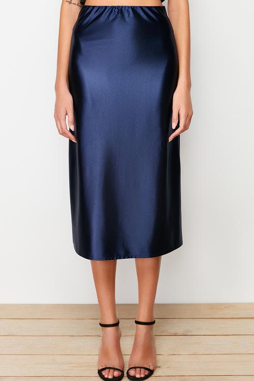 Premium satin midi knit skirt - indigo
