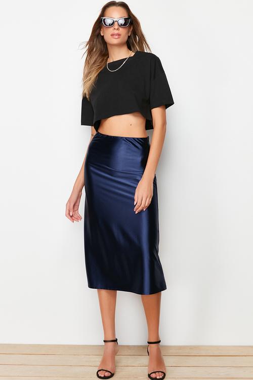 Premium satin midi knit skirt - indigo